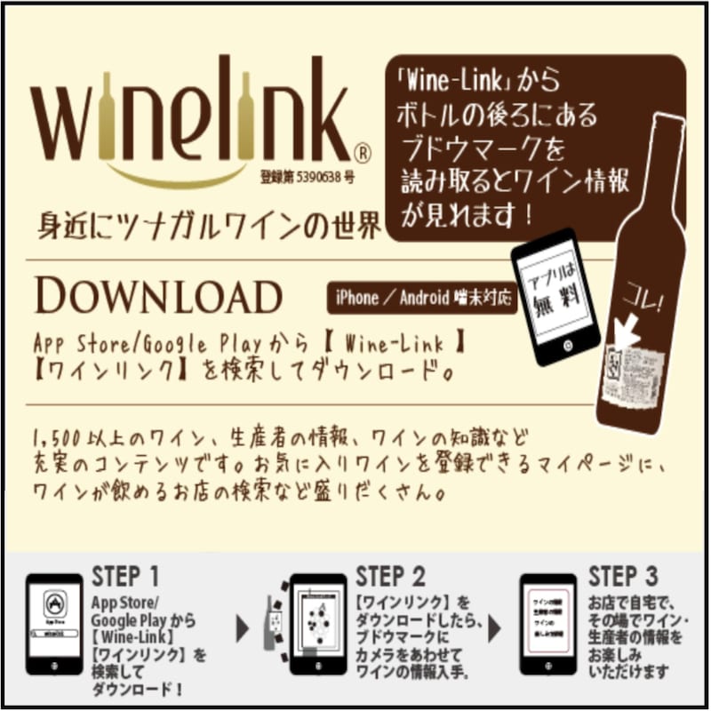 「Wineｰlink」のアプリをインストールいただくとよりワインをお楽しみいただけます！