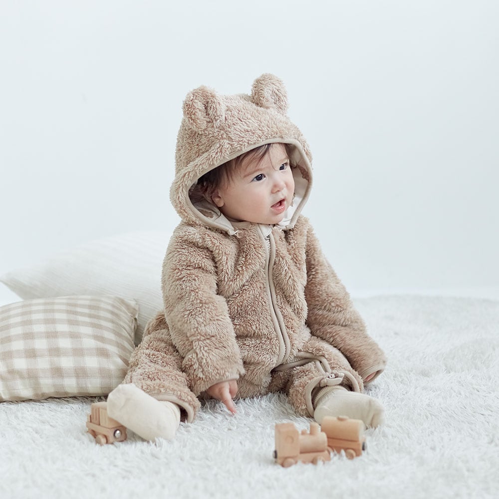 アニマルかわいい前開きボアジャンプスーツ（ベビー服 カバーオール