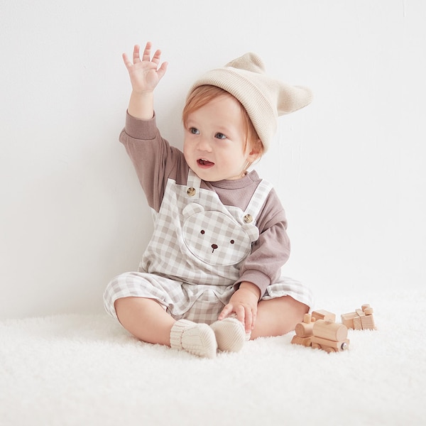 【ベルメゾン】アニマルかわいいギンガムチェックカエルロンパース 【ベビー服 長袖】