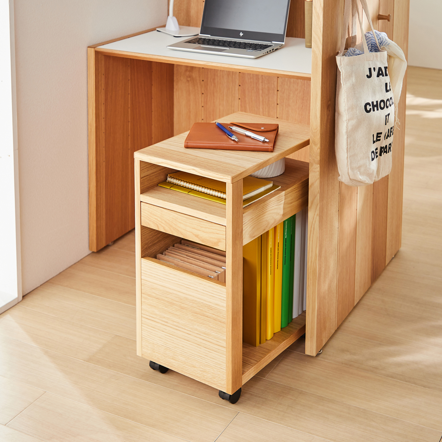 【ベルメゾン】空間を仕切られるオーク材のデスクシリーズParsonal・ワゴン [日本製]