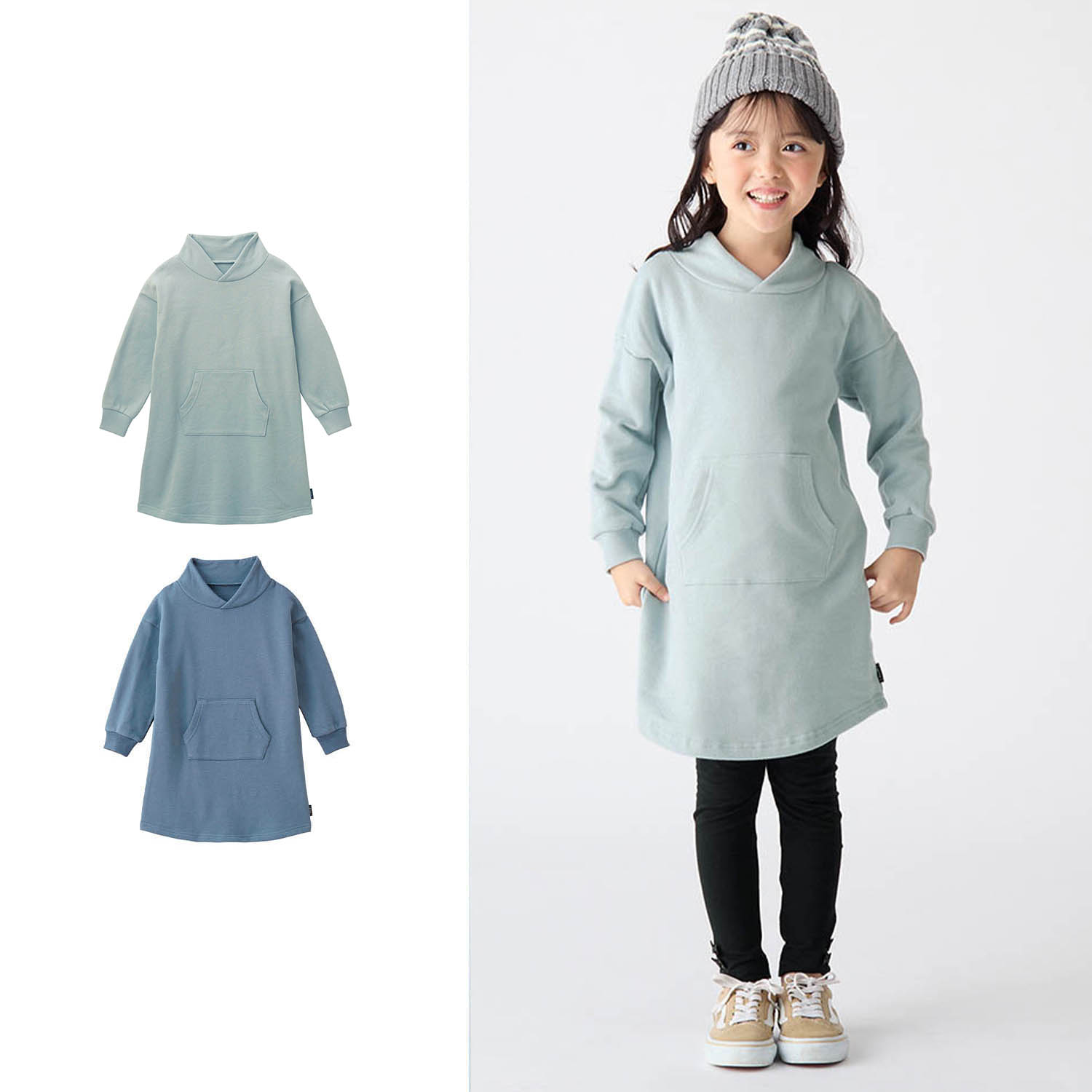 【ジータ/GITA】フード風襟カンガルーポケット裏毛ワンピース 【子供服 長袖】 【ジータ/GITA】フード風襟カンガルーポケット裏毛ワンピース 【子供服 長袖】