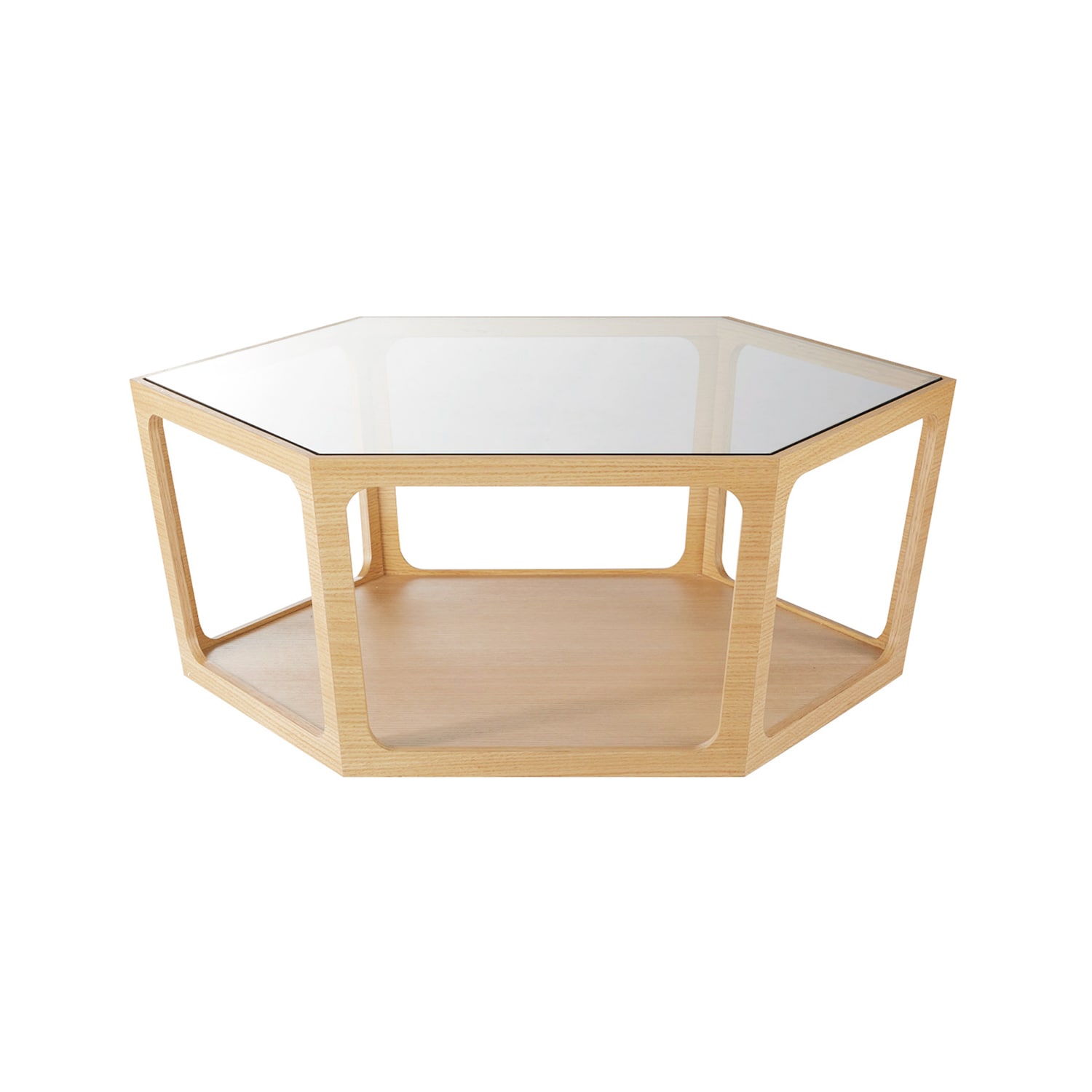 六角形ガラス天板のオーク材ローテーブル（ローテーブル/センター