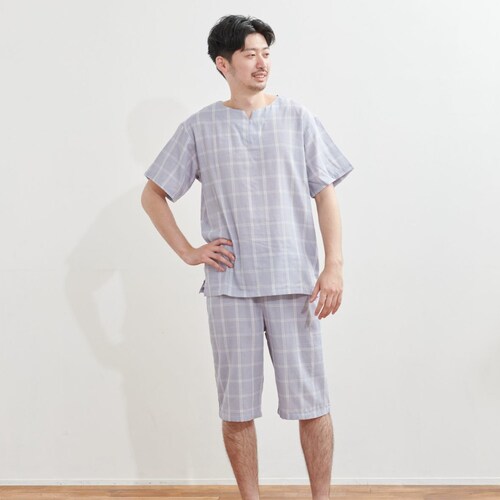 【8月2日 セール追加】 メンズ Wガーゼ格子半袖Tパジャマ
