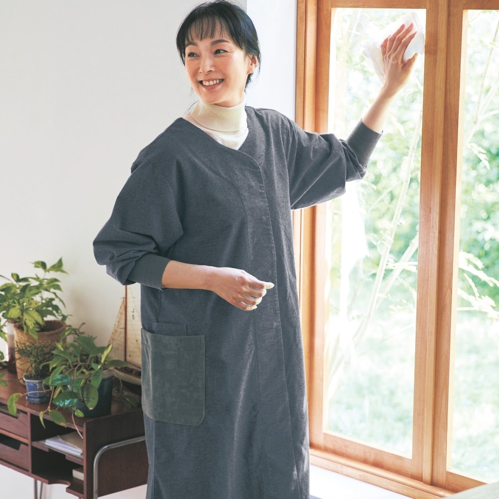 アキアカネ　割烹着　エプロン ベルメゾン 割烹着 エプロン リネン混 前開き スナップボタン