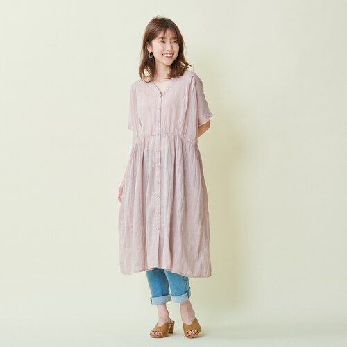【3月31日(金)販売終了】 Vネックドビー刺繍ワンピース