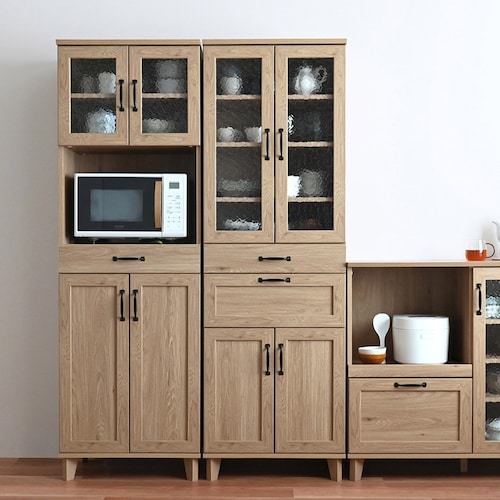 ナチュラルなウッド調食器棚・レンジラック ＜2色の取っ手付き＞