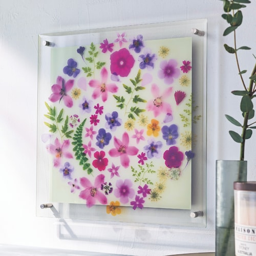 春のお花をコラージュしたようなガラスのアートボード ＜約30×30cm＞