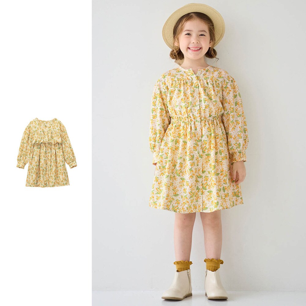 【ジータ/GITA】ミモザ柄ウエストゴム前開きワンピース 【子供服 長袖】