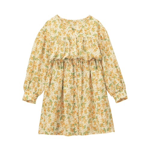 ミモザ柄ウエストゴム前開きワンピース 【子供服 長袖】