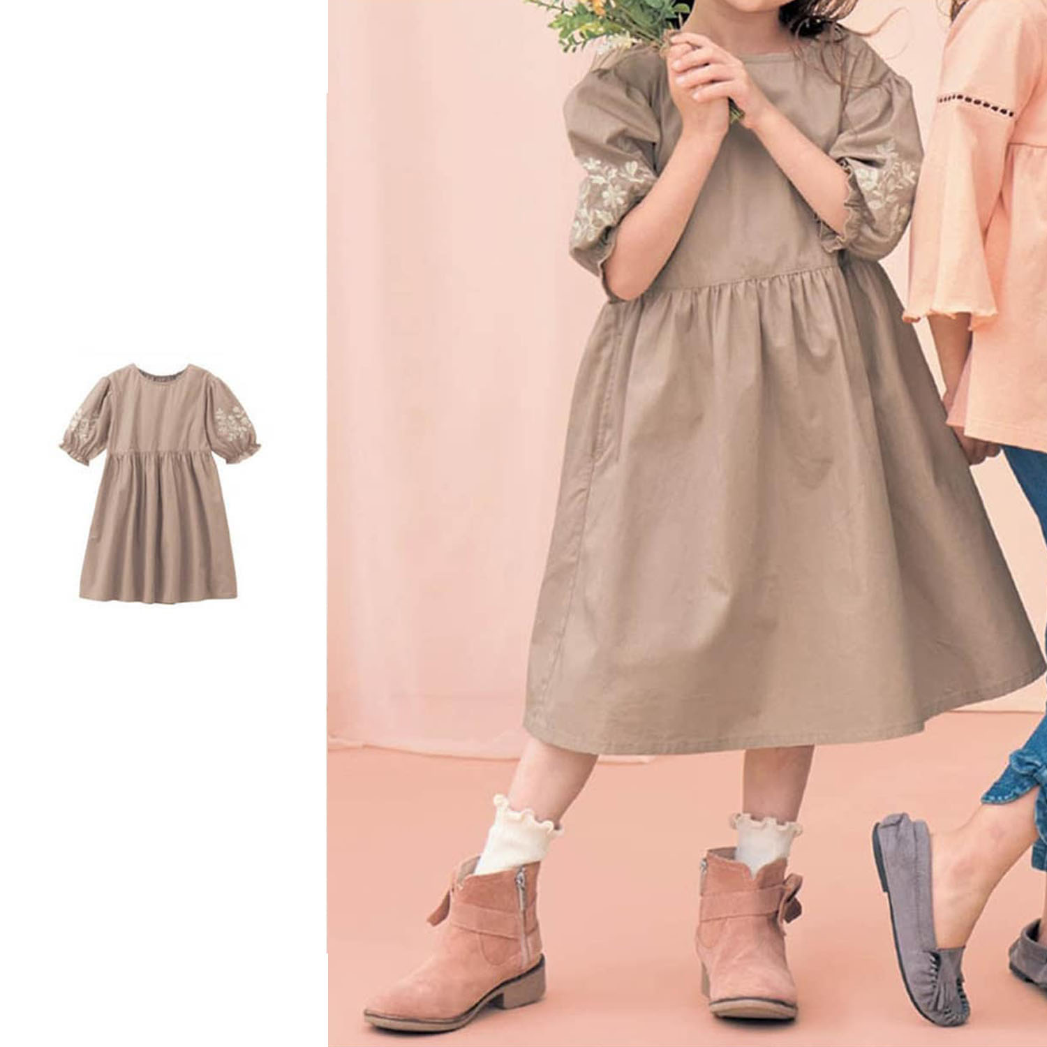 【ジータ/GITA】花刺繍パフスリーブワンピース 【子供服 半袖】