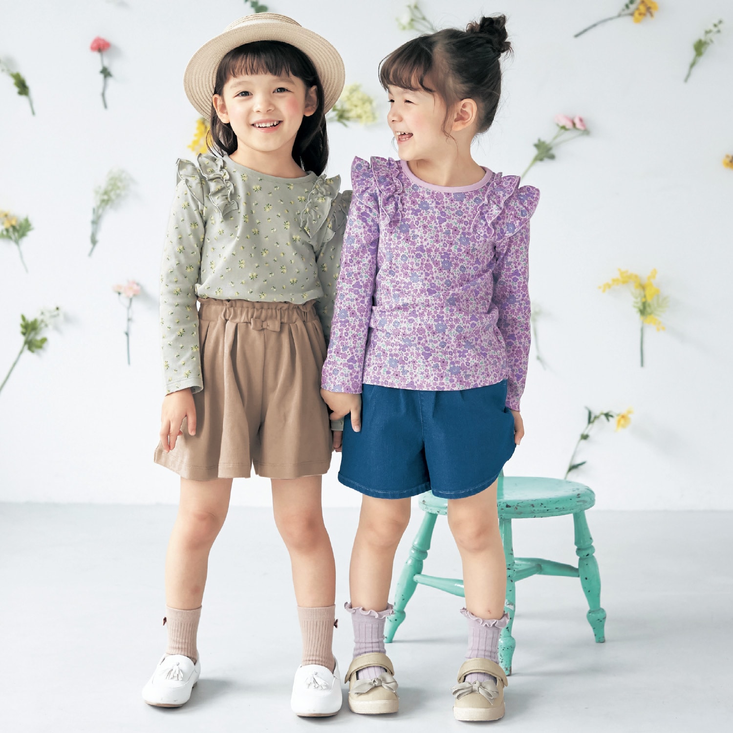 肩フリル花柄長袖Ｔシャツ2枚セット（子供服 Tシャツ/カットソー