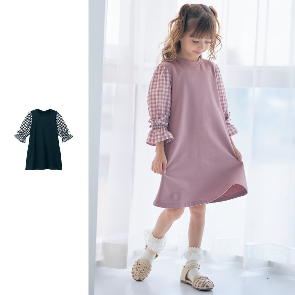 【ベルメゾン】袖チェック切替え8分袖ワンピース 【子供服】