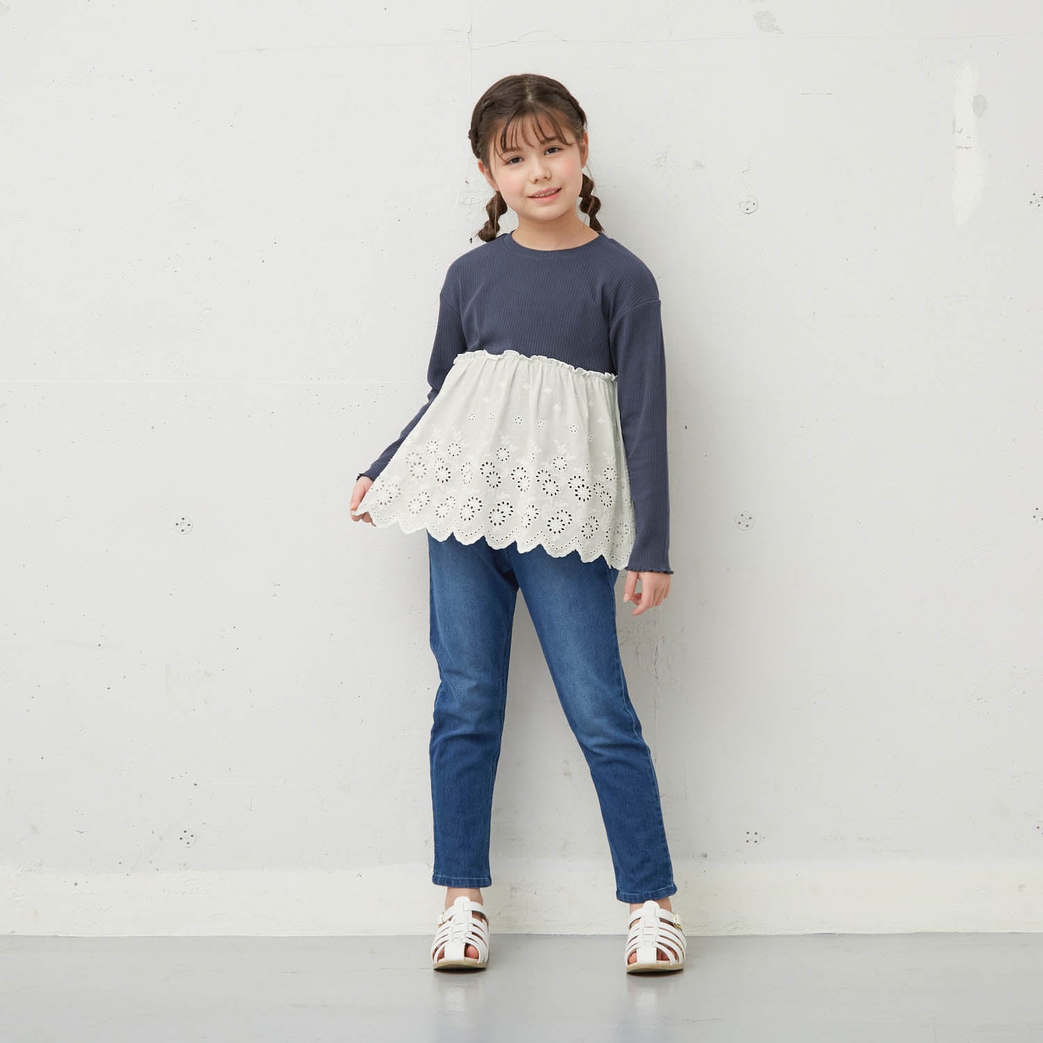 切替えレースチュニック長袖プルオーバー（子供服 Tシャツ/カットソー 