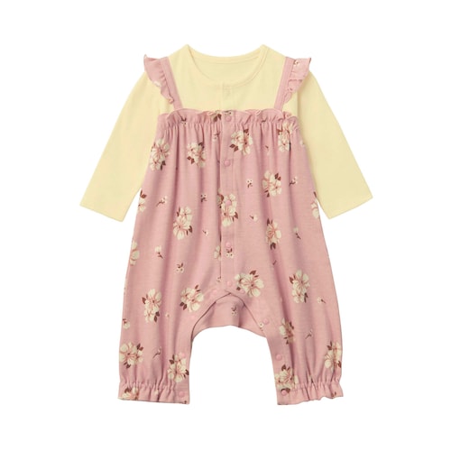 肩フリルサロペット風長袖前開きカエルロンパース 【ベビー服】