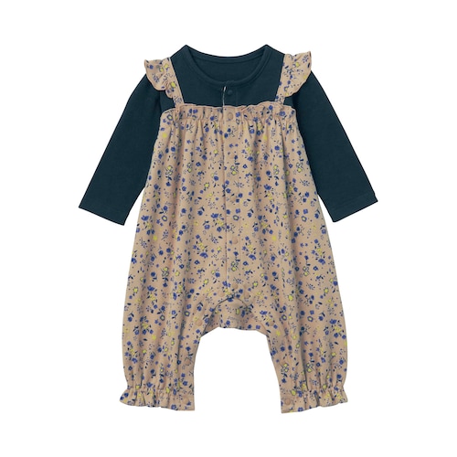 肩フリルサロペット風長袖前開きカエルロンパース 【ベビー服】