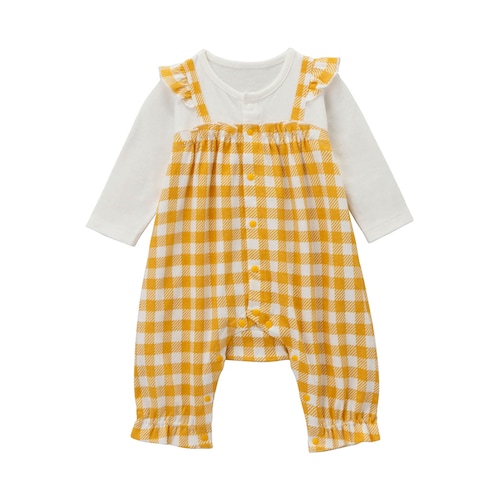 肩フリルサロペット風長袖前開きカエルロンパース 【ベビー服】