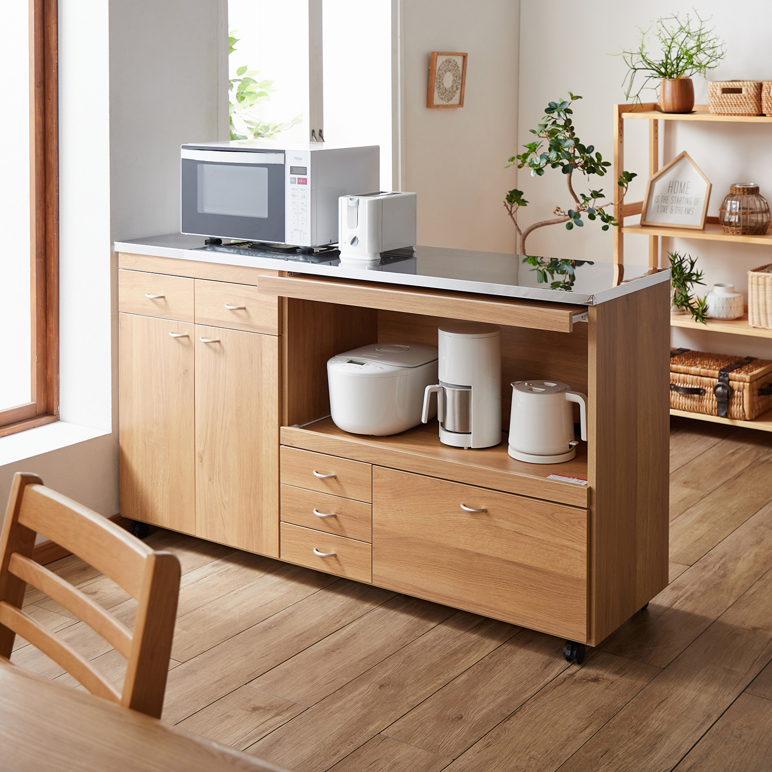 【ベルメゾン】木目柄のきれいなステンレス天板のキッチンカウンター