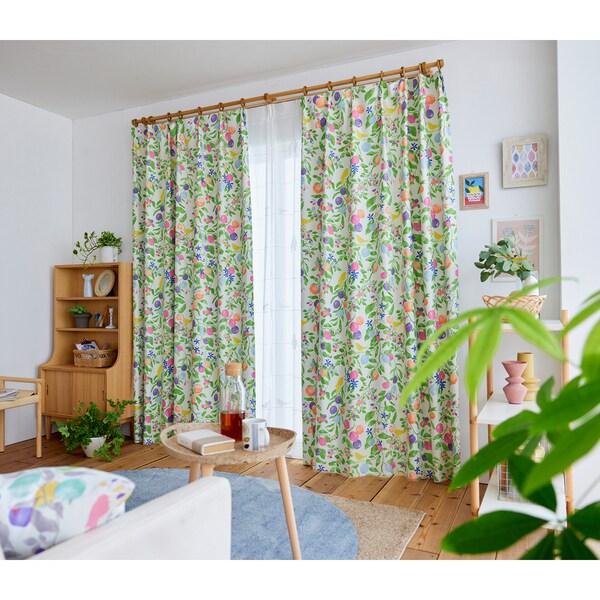 【ベルメゾン】【58サイズ】 華やかなリーフ柄の遮光カーテン(フルーツトリ)