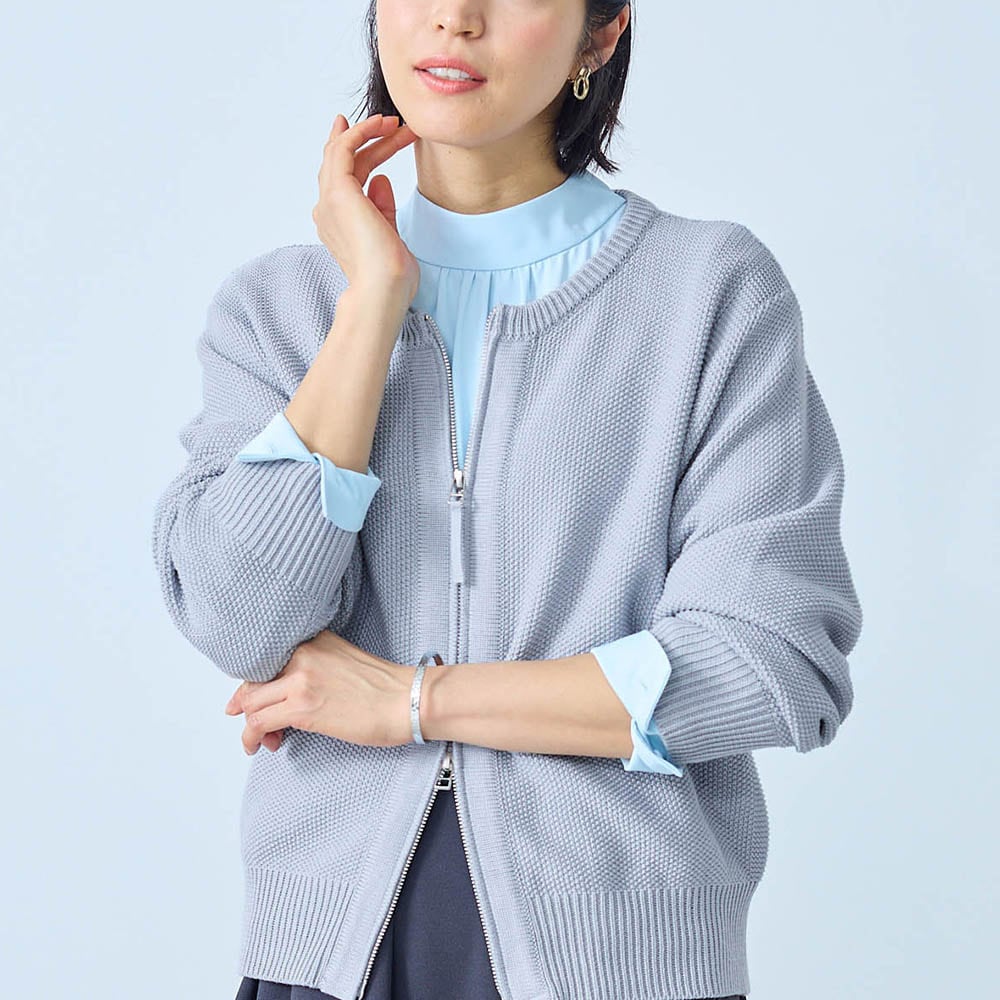 綿混クルーネックニットブルゾン【日本製】（ノーカラージャケット