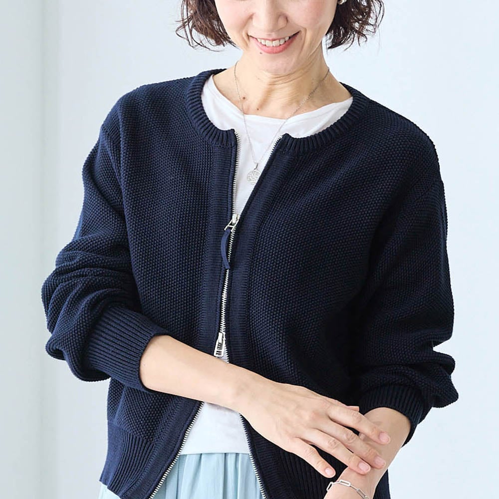 綿混クルーネックニットブルゾン【日本製】（ノーカラージャケット