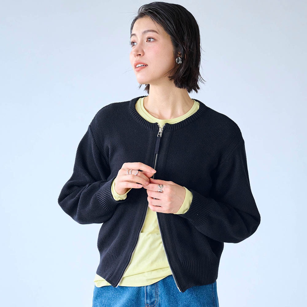 綿混クルーネックニットブルゾン【日本製】（ノーカラージャケット