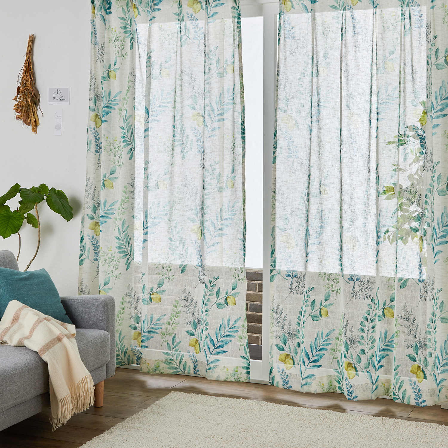 【ベルメゾン】【99サイズ】 レモン柄のリネン調ボイルカーテン