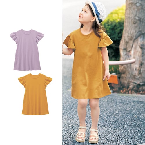 袖フリルカットソーワンピース【子供服 半袖】