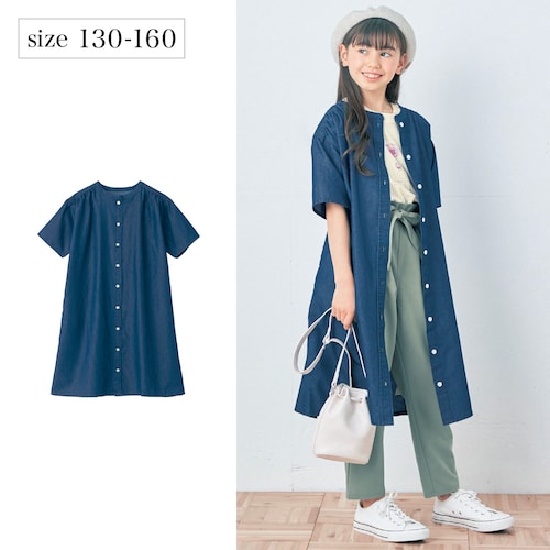 バンドカラーギャザーライトデニムシャツワンピース 【子供服 半袖】