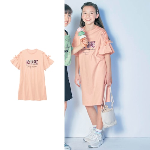 肩レースアップフレアスリーブワンピース 【子供服 半袖】