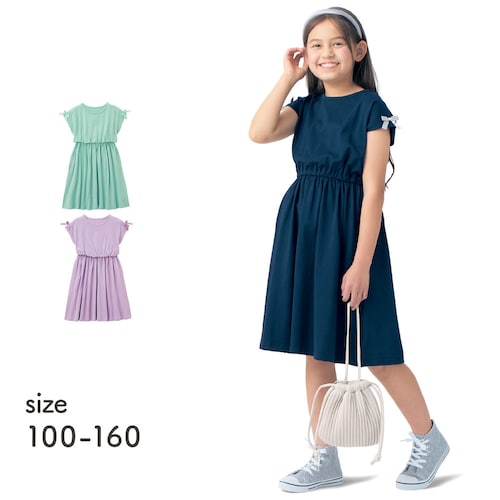 肩リボンウエストゴムワンピース 【子供服 半袖】