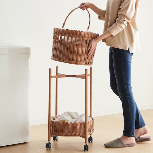 洗えるラタン調バスケット付き2段ワゴン 「wash rattan」