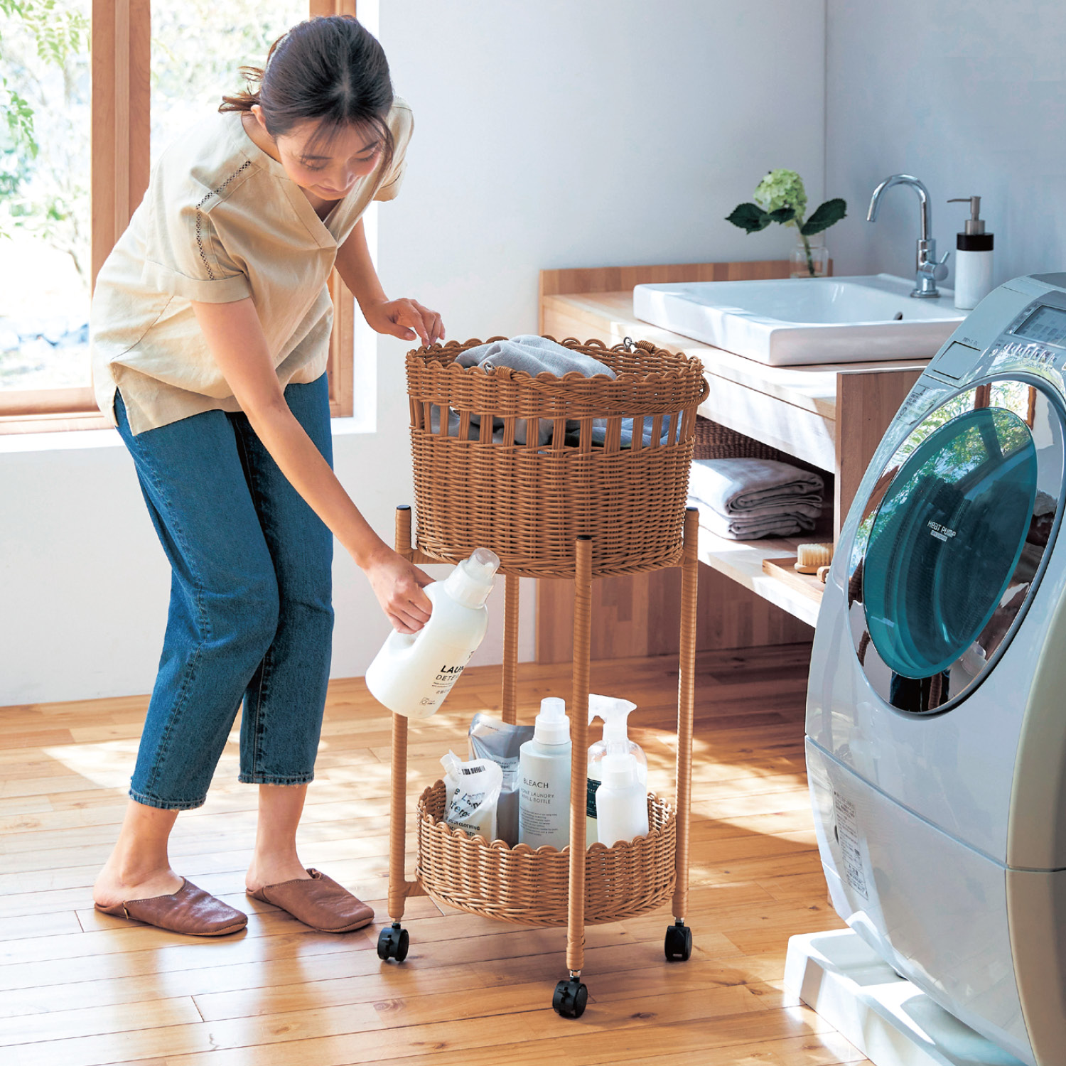 洗えるラタン調バスケット付き2段ワゴン 「wash rattan」 洗えるラタン調バスケット付き2段ワゴン 「wash rattan」