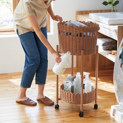 洗えるラタン調バスケット付き2段ワゴン 「wash rattan」