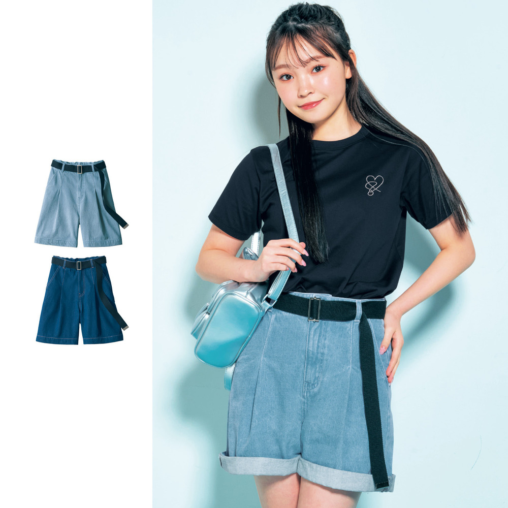 ベルト付きワイドレッグデニムショートパンツ(ウエスト調節可) 【子供ズボン】(パペル ラピス/Papel lapiz)