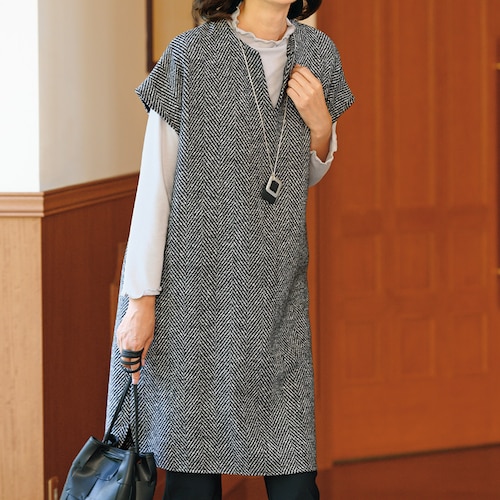 ヘリンボーン柄キーネックワンピース