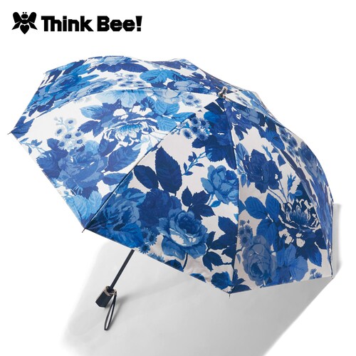 華やかブルーローズ柄の晴雨兼用折りたたみ傘 【UV対策】