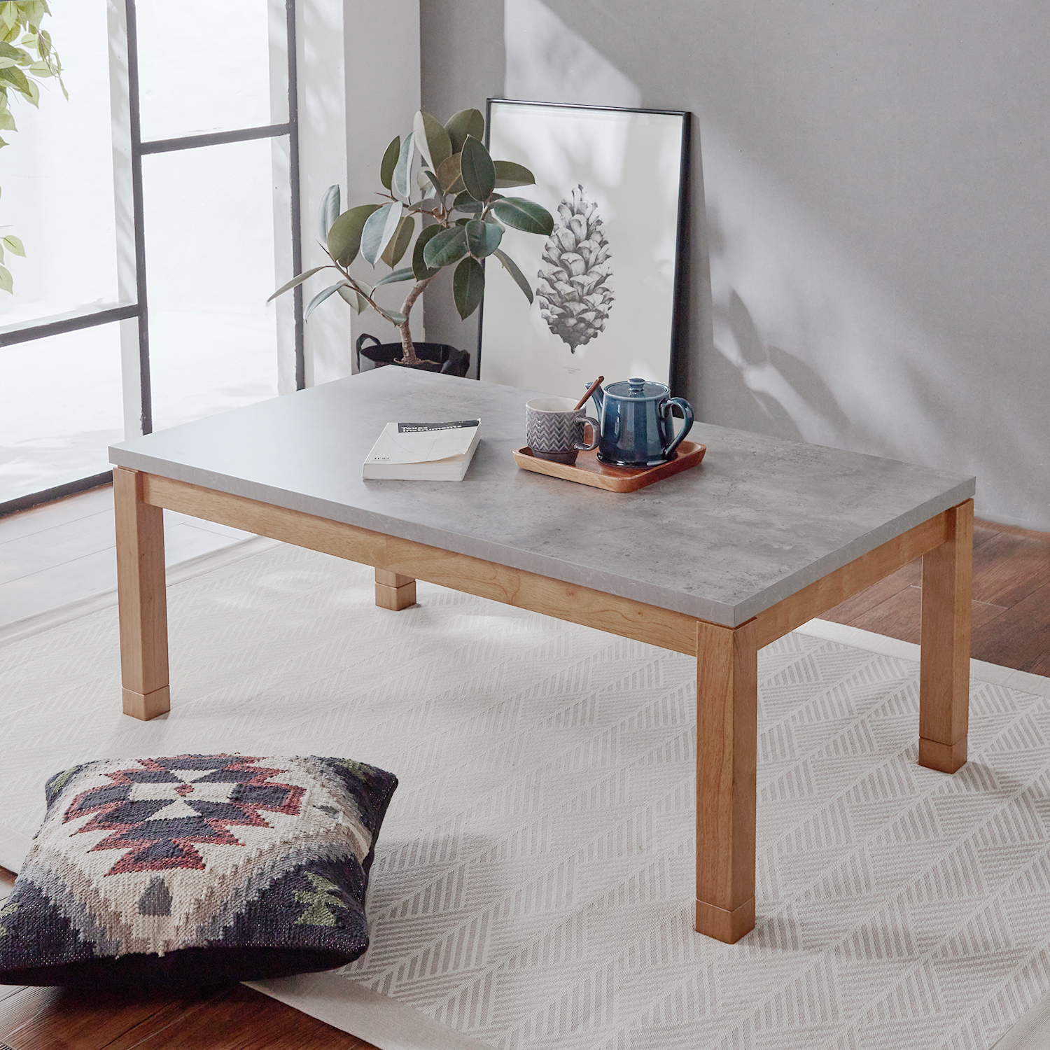 【ベルメゾン】コンクリート調天板の継ぎ脚こたつテーブル