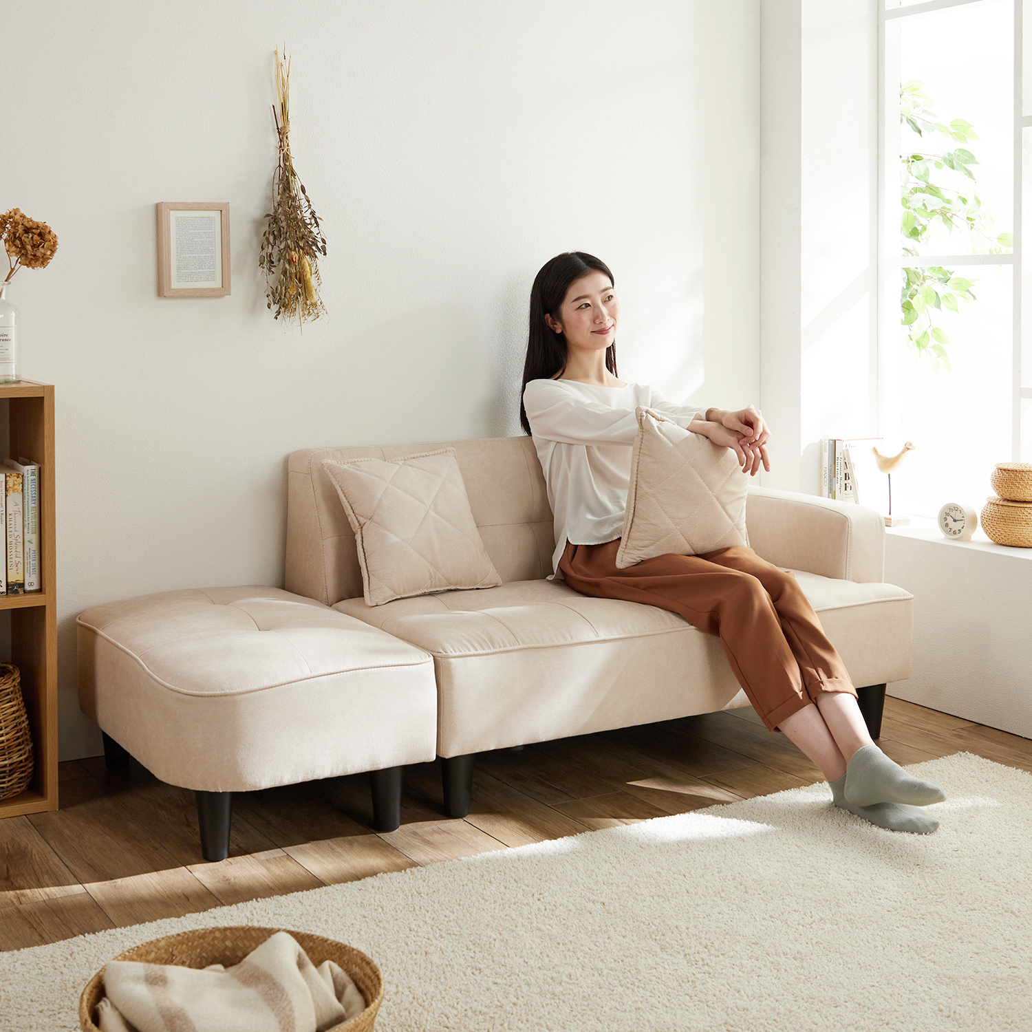 【ベルメゾン】クッション付き組み替えできる合皮のコンパクトカウチソファー