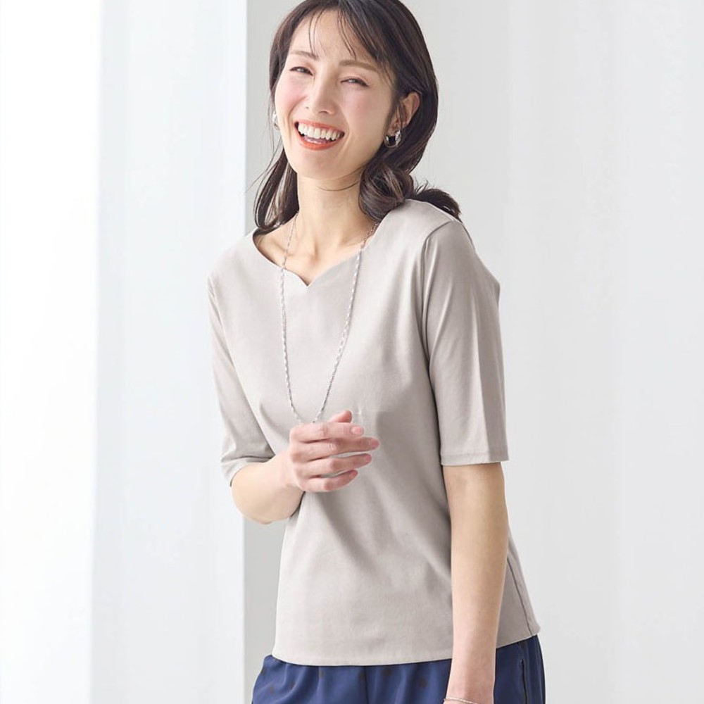 【スタイルノート/StyleNote】身頃二重5分袖ハートネックカットソー[日本製]