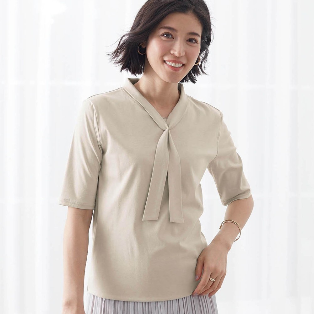 【スタイルノート/StyleNote】身頃二重ボウタイ5分袖カットソー[日本製]