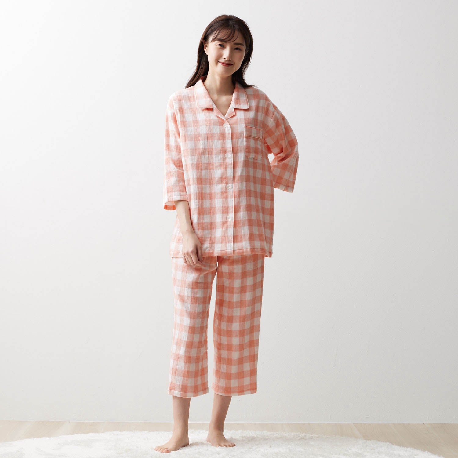 通販生活 LOFTY ガーゼの八分袖パジャマ M-L 日本製 藤色-