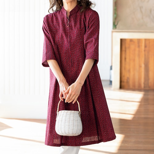久留米織スタンド衿チュニックワンピース