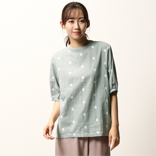 綿麻ドット刺繍パフスリーブブラウス