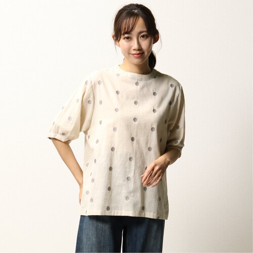 綿麻ドット刺繍パフスリーブブラウス