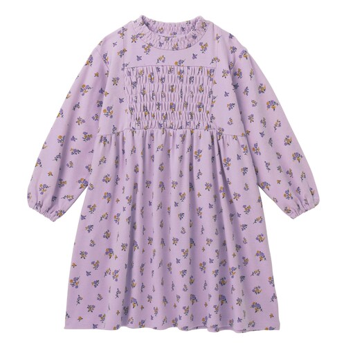胸元シャーリングハイネック花柄長袖ワンピース 【子供服】