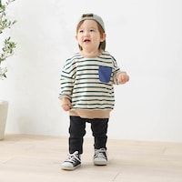 グリーン×アイボリーボーダー／モデル身長75cm・80サイズ着用・体重8.4kg