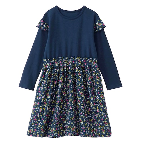 肩フリル小花柄切替えワンピース 【子供服 長袖】