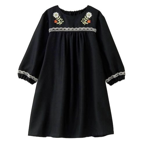 フラワーステッチ刺繍長袖ワンピース 【子供服】