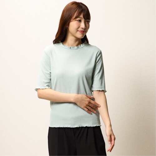リブ素材のミニハイネック5分袖Tシャツ