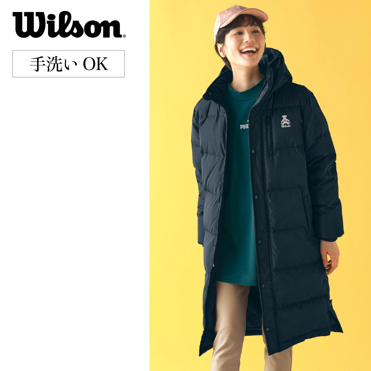 ウィルソン WILSON ダウンコート ベンチコート フード ロゴ刺繍 赤 L